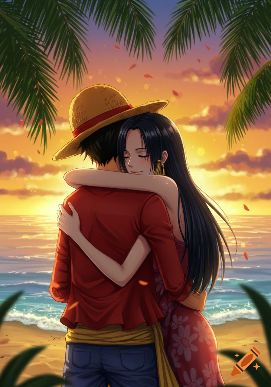 Anime style illustration of Luffy in a straw hat hugging Hancock on a beach at sunset with palm trees.