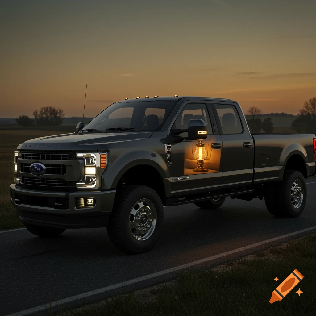 A dark gray Ford F-series pickup truck with a lit lantern inside its passenger door drives on a road at dusk.