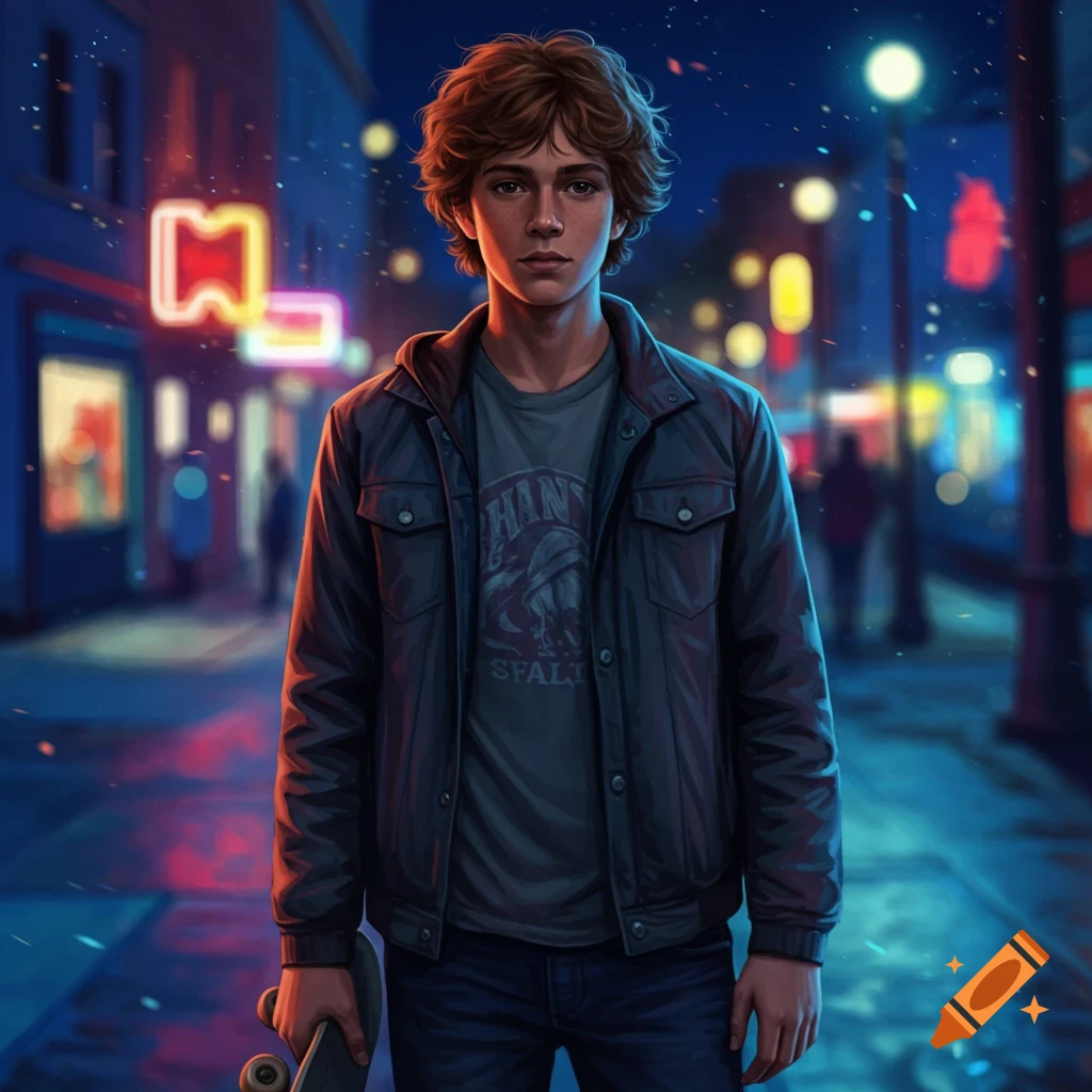 A teen male with brown curly hair wears a jacket and holds a skateboard on a neon-lit urban street at night.