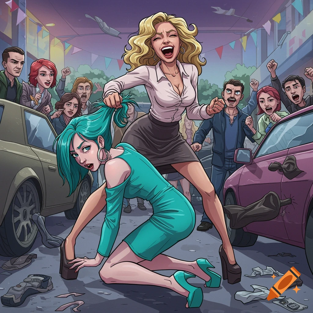 A blonde woman in a skirt and blouse aggressively pulls the teal hair of another woman in a turquoise dress who is on her hands and knees, in a cartoon street fight.