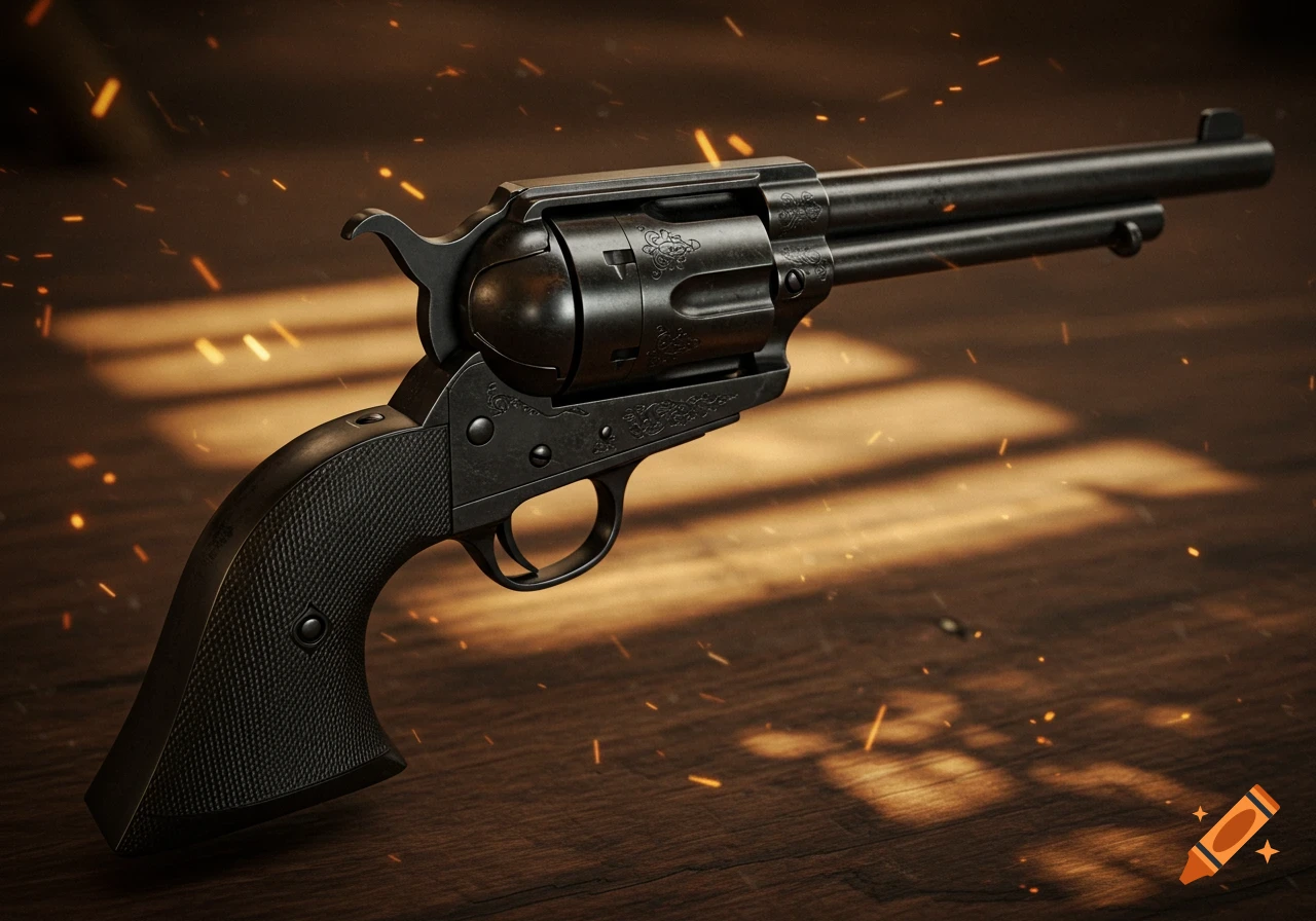 A dark metal revolver with a black grip lies on a wooden surface with orange sparks. Photorealistic.