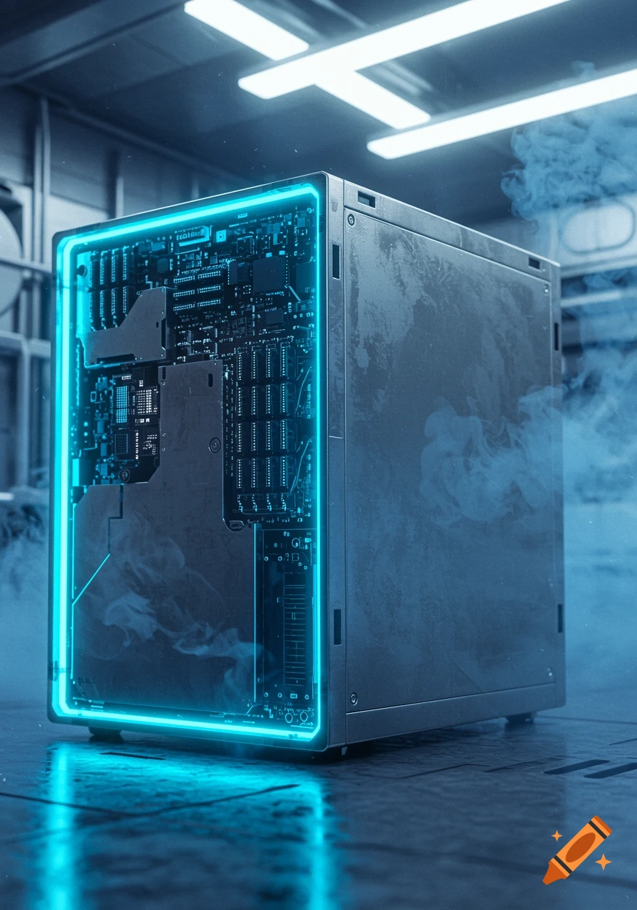 Futuristic supercomputer with glowing blue circuits, housed in a metallic, box-like case with smoke rising.