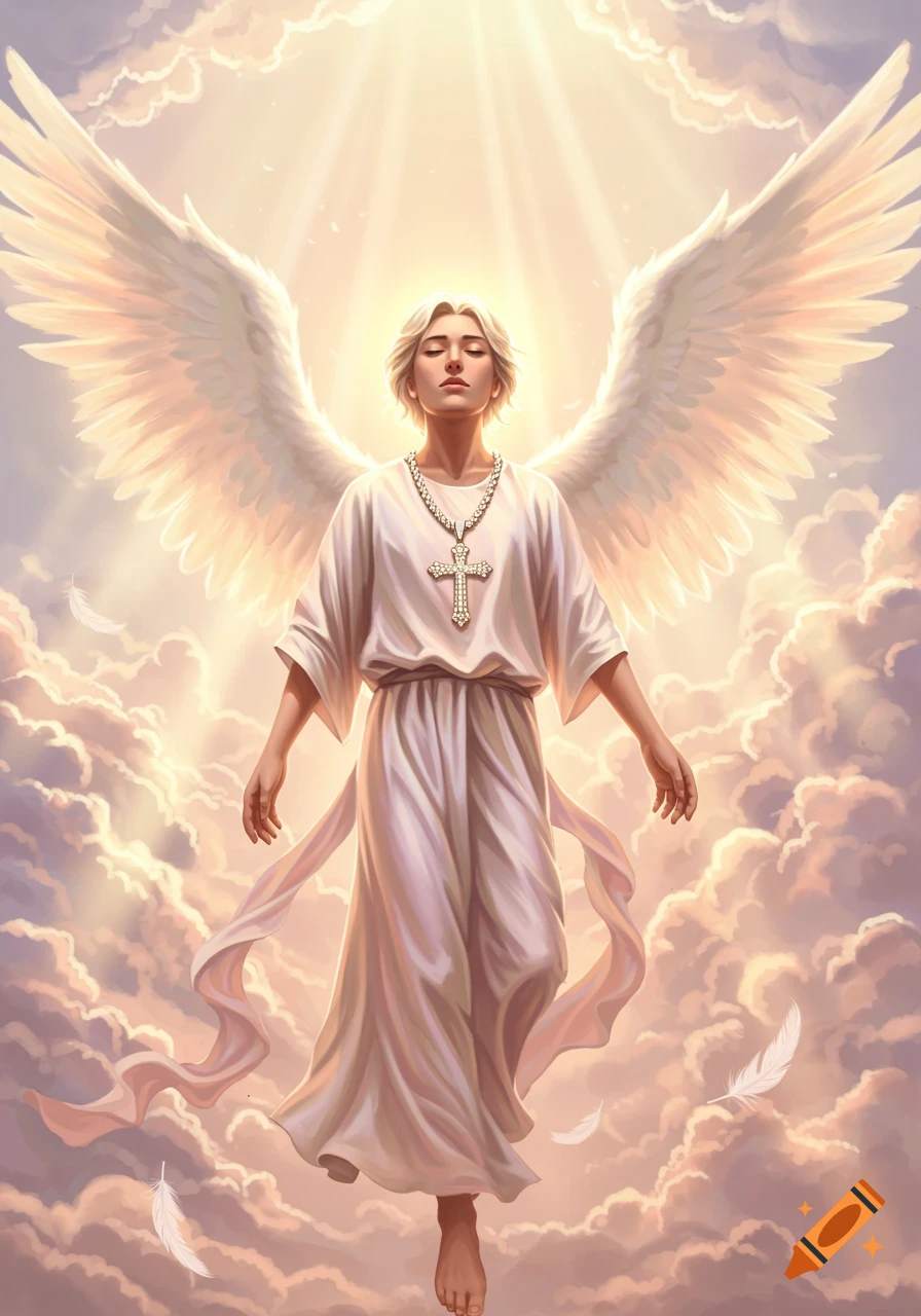 A majestic blonde angel in a white robe with a large cross necklace stands amidst sunlit clouds, white feathers drifting around.