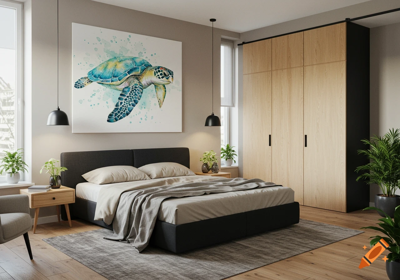A modern bedroom with a black bed, a large watercolor sea turtle painting, and wooden wardrobe, featuring natural lighting.
