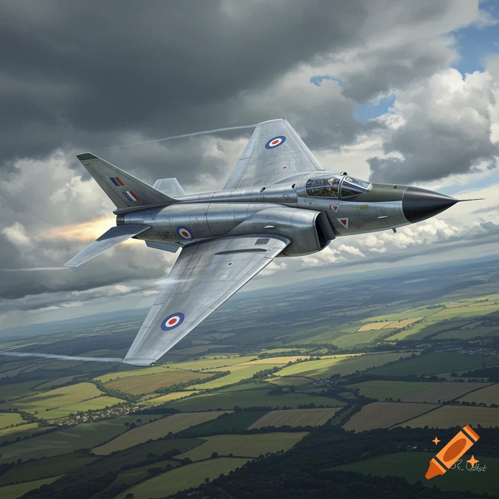 A silver English Electric Lightning jet with British insignias flies over green fields under a cloudy sky.