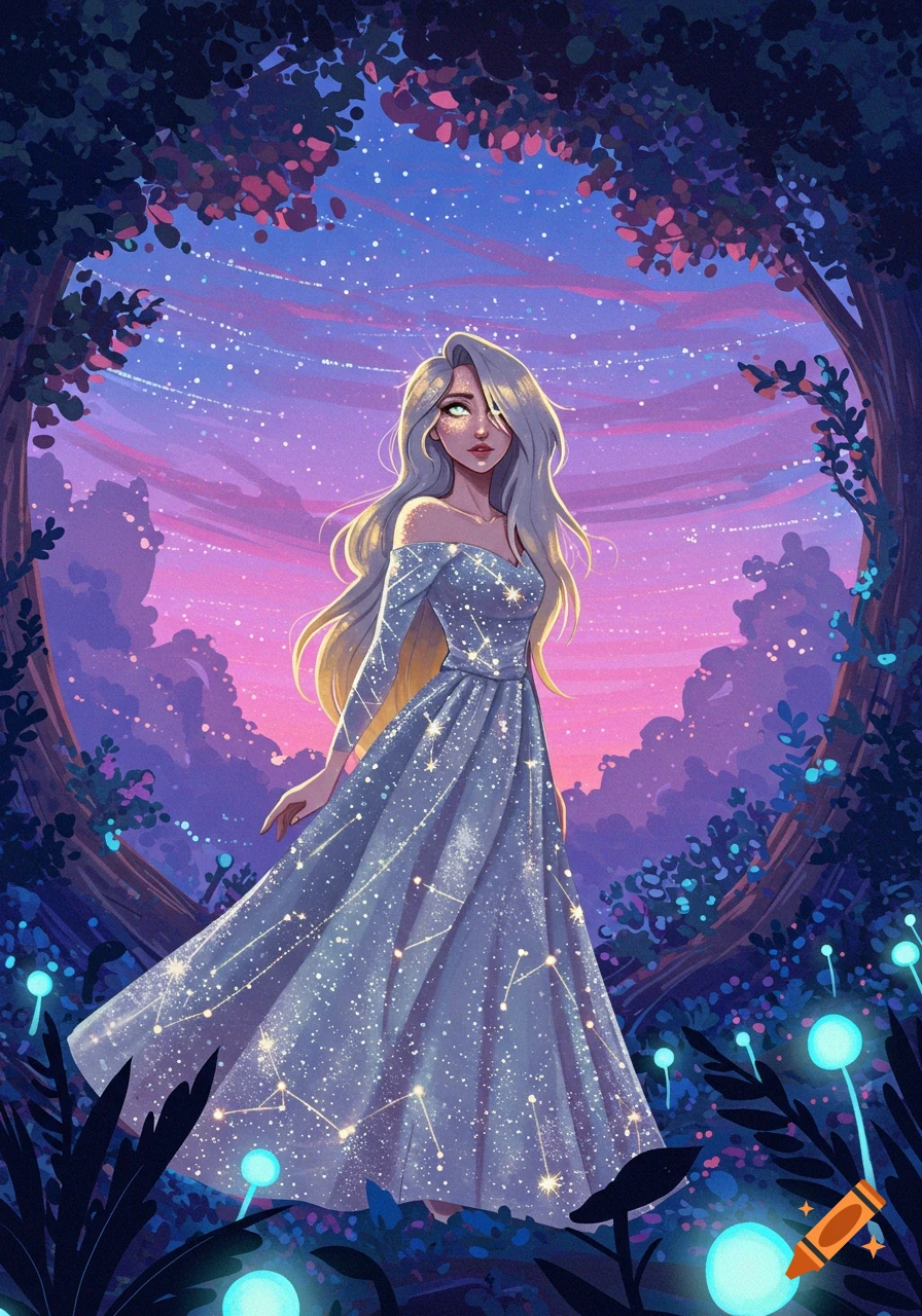 A young woman with long silver hair in a glittering dress adorned with constellations stands in a magical forest at twilight.