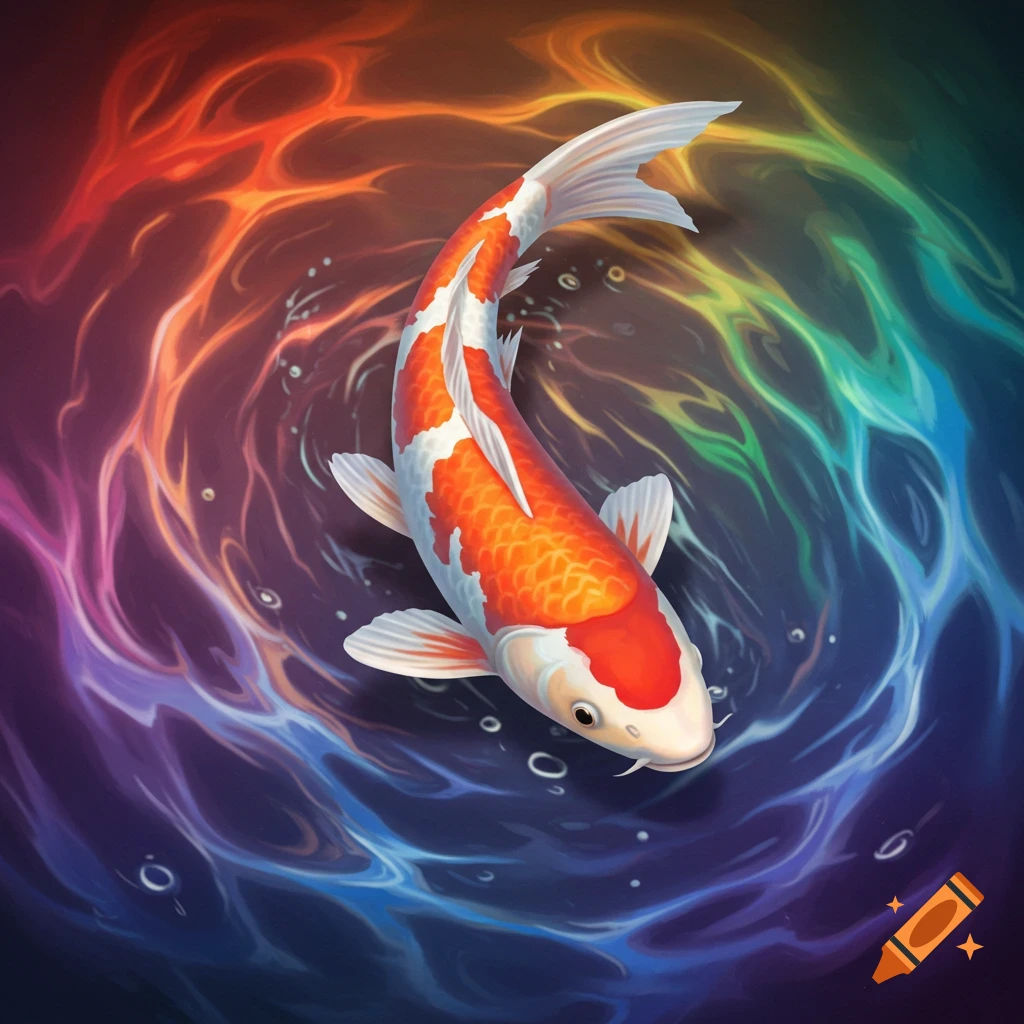 An orange and white koi fish swims amidst a swirling rainbow of colors.