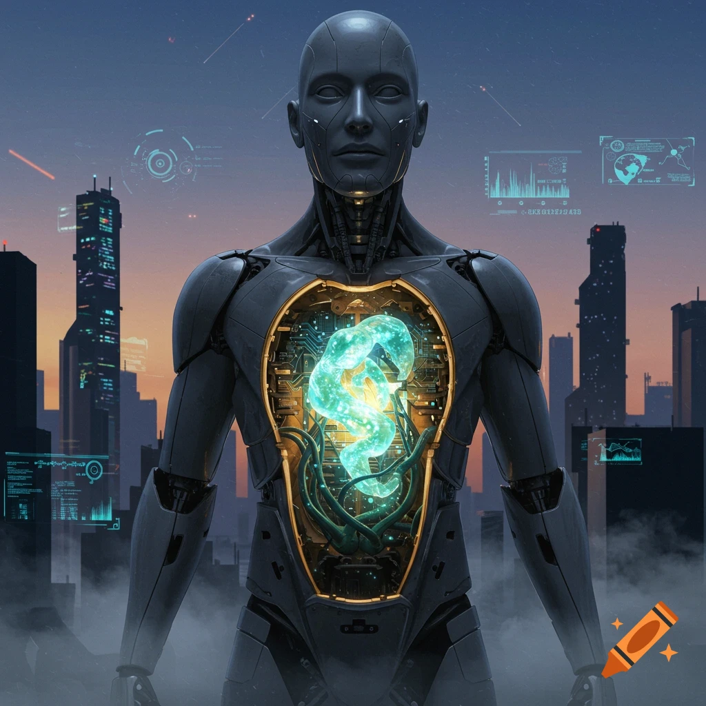 A futuristic humanoid robot with an open chest cavity revealing a glowing, organic-like form, standing in front of a cyberpunk city skyline at dusk.