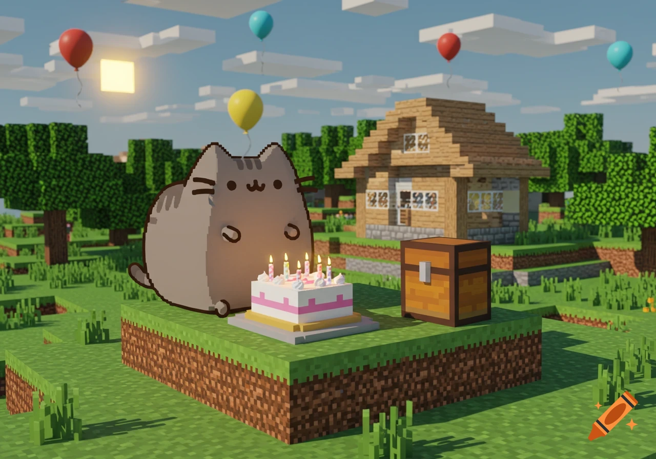 A pixel-art Pusheen cat sits on a grassy Minecraft block next to a birthday cake and chest, with a house and balloons in the background.