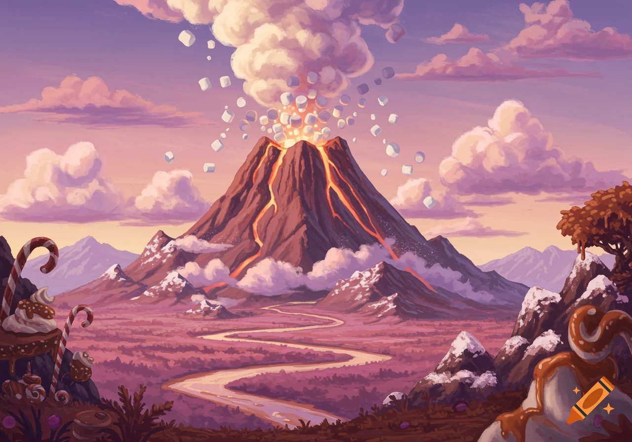 A whimsical landscape illustration with a volcano erupting marshmallows, lava flows, a winding candy river, and mountains with candy features under a pastel sky.