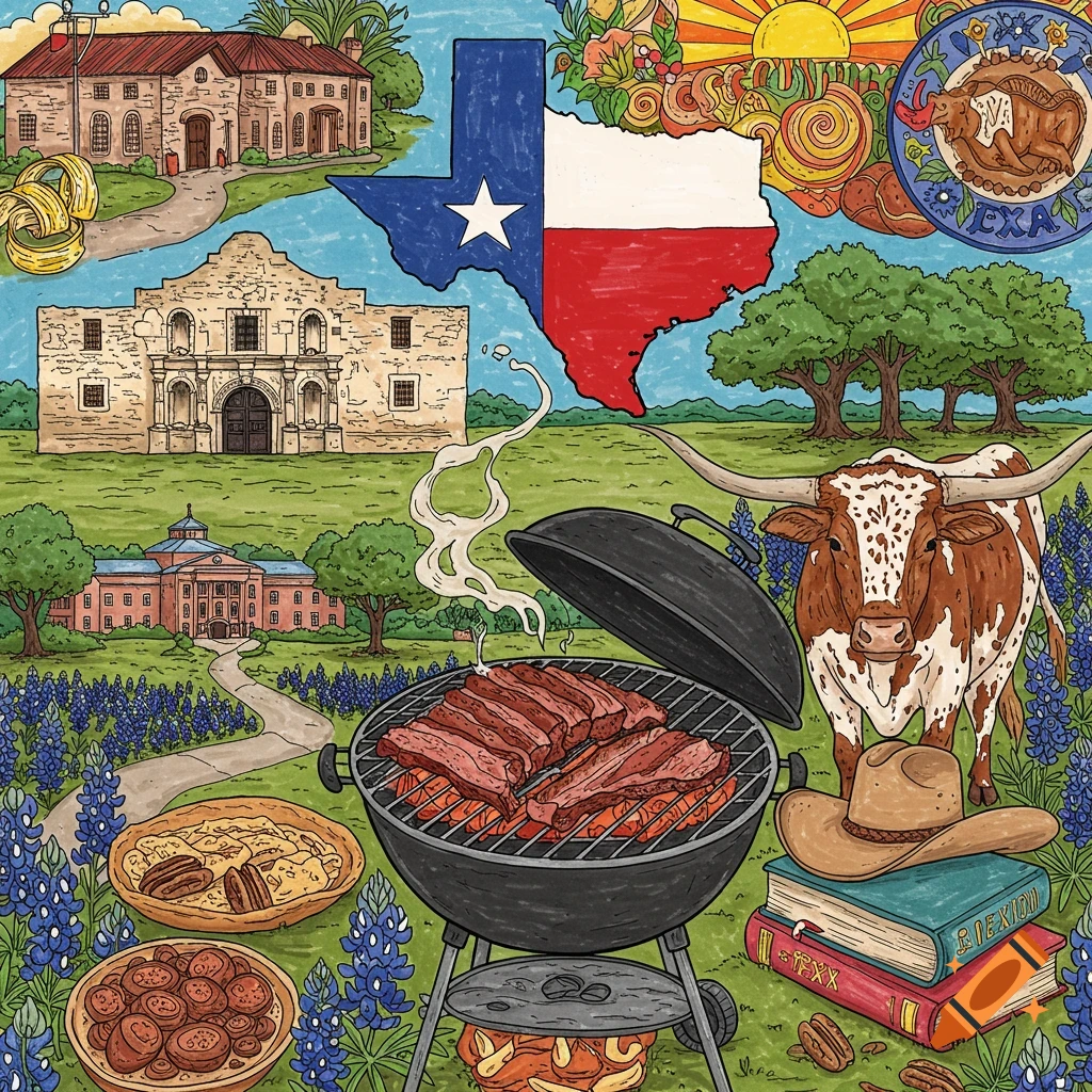 Colorful illustration depicting Texas landmarks like the Alamo and a map, along with a longhorn, BBQ, books, and bluebonnets, in a coloring book style.