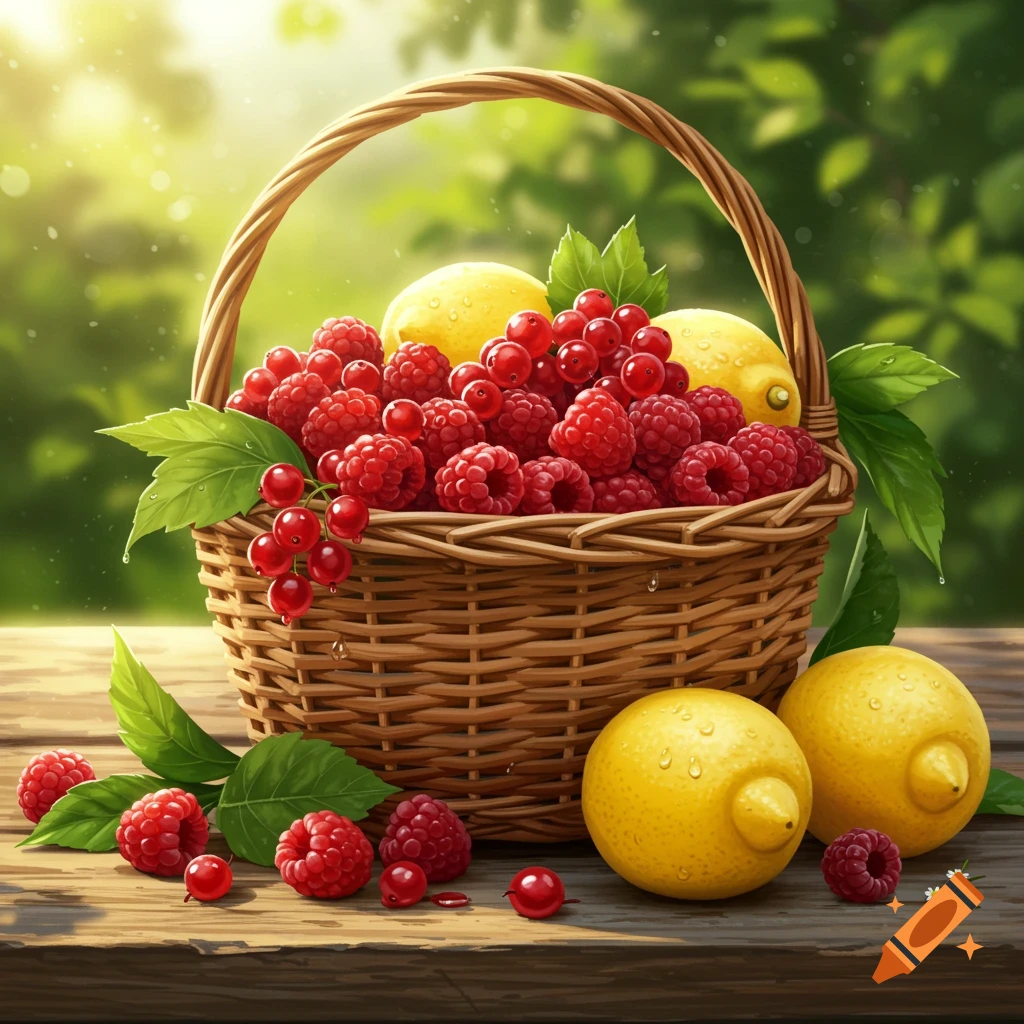 A woven basket filled with red raspberries and currants, alongside yellow lemons, on a rustic wooden table outdoors in sunlight.