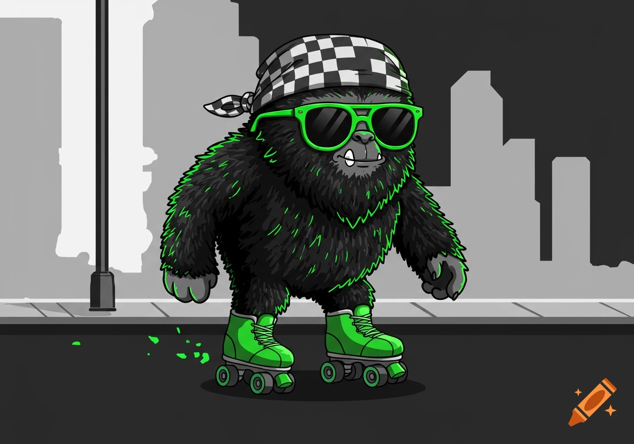 A cartoon gorilla wearing a checkered bandana, green sunglasses, and green roller skates on a city street, in a black and green color scheme.