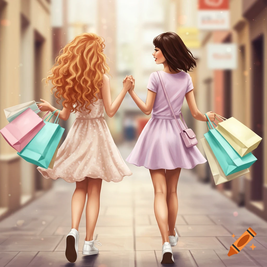 Two young women with shopping bags walk hand-in-hand down a city street, seen from behind, in a pastel illustration style.