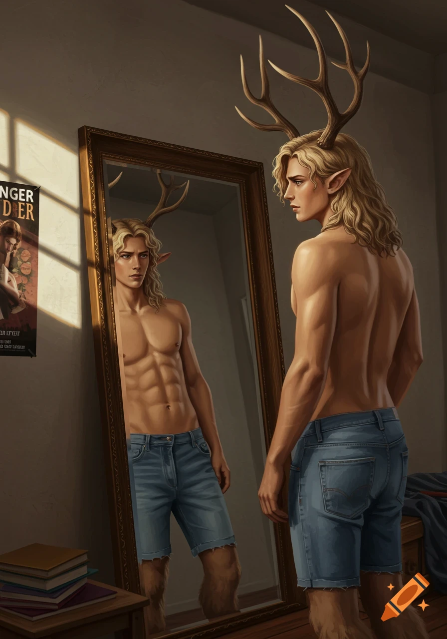 Blonde male satyr with antlers and furry legs stands shirtless in jean shorts, looking at his reflection in a mirror.