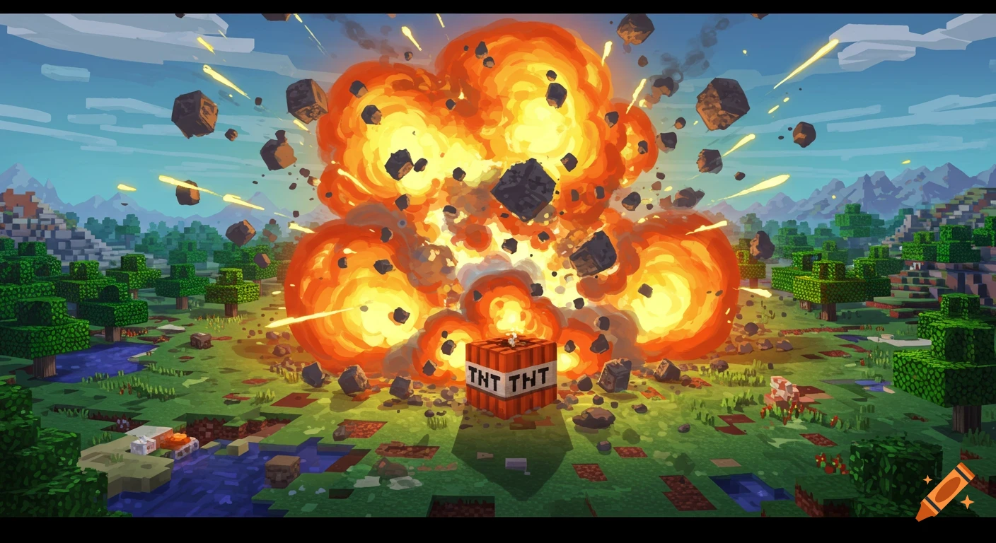 A large TNT explosion in a pixelated, blocky Minecraft-style landscape with trees, water, and mountains.