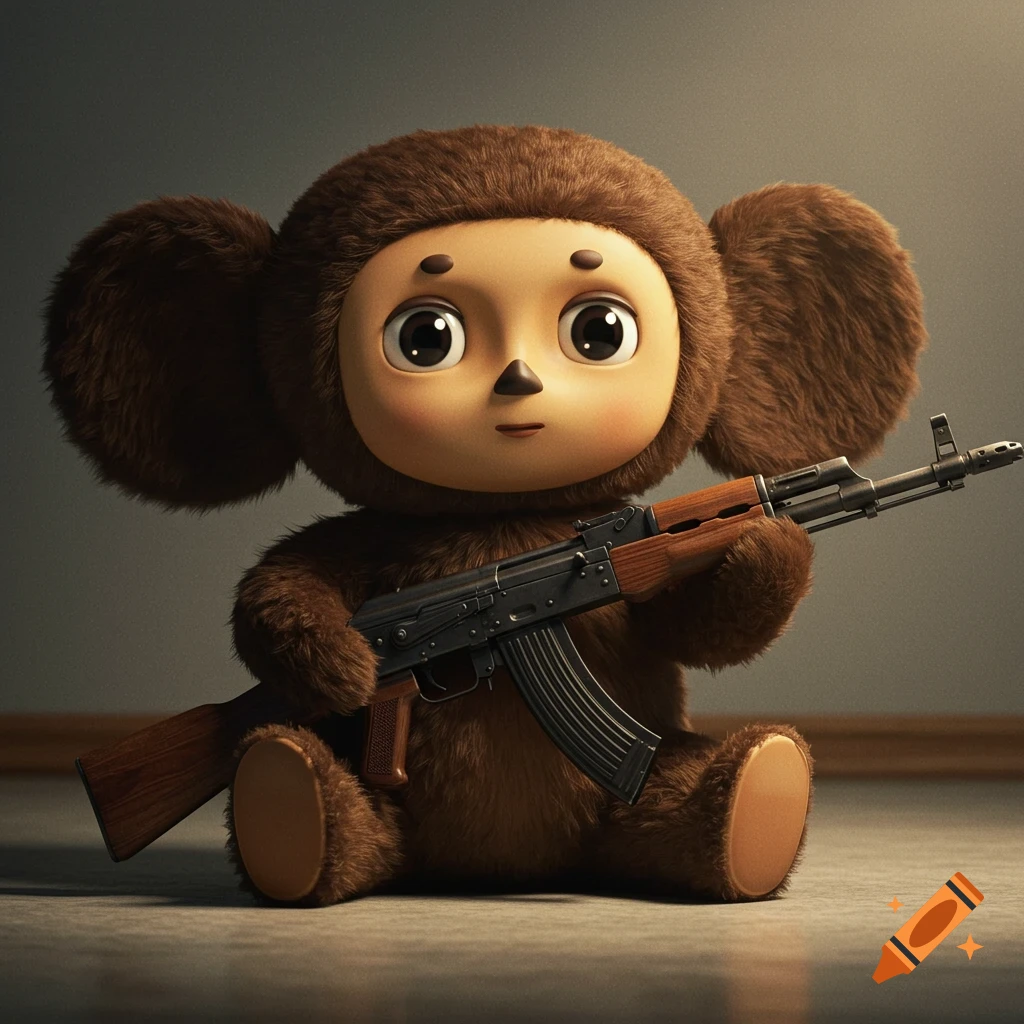 A cute brown Cheburashka plush toy sits on the floor, holding an AK-47 rifle, looking directly at the camera.