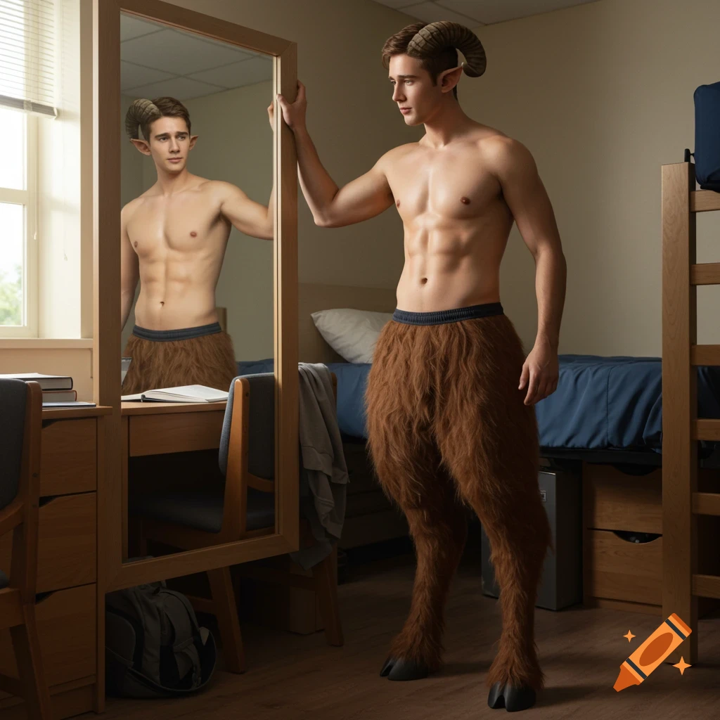 A shirtless male satyr with horns and fur-covered legs looks with dismay at his reflection in a mirror in a college dorm room.