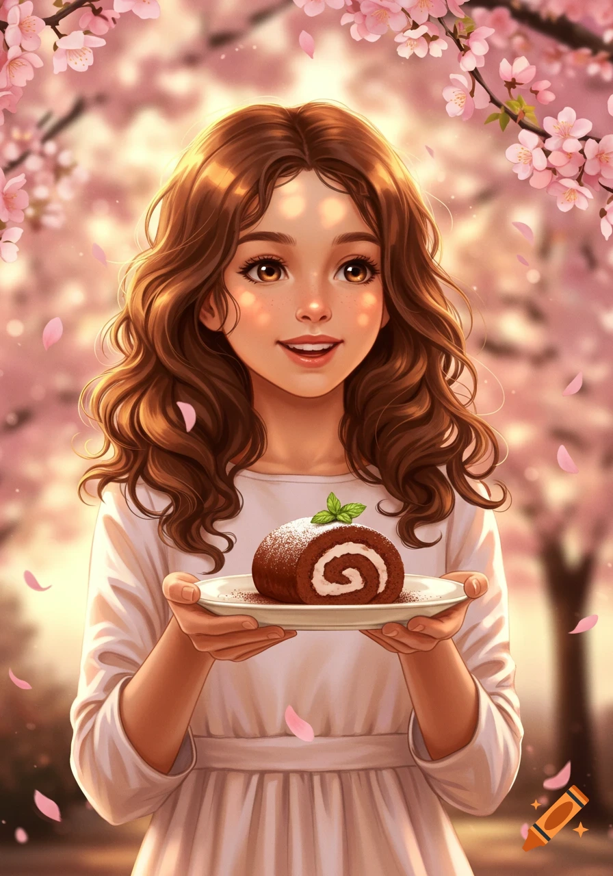 Smiling illustrated girl with brown hair holding a chocolate roll cake under pink cherry blossoms.