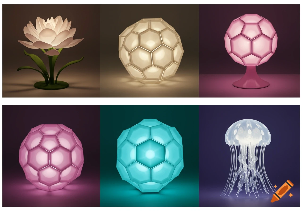 A grid of six glowing lamps, including a lotus flower, several geometric sphere lamps in white, pink, and teal, and a jellyfish lamp.
