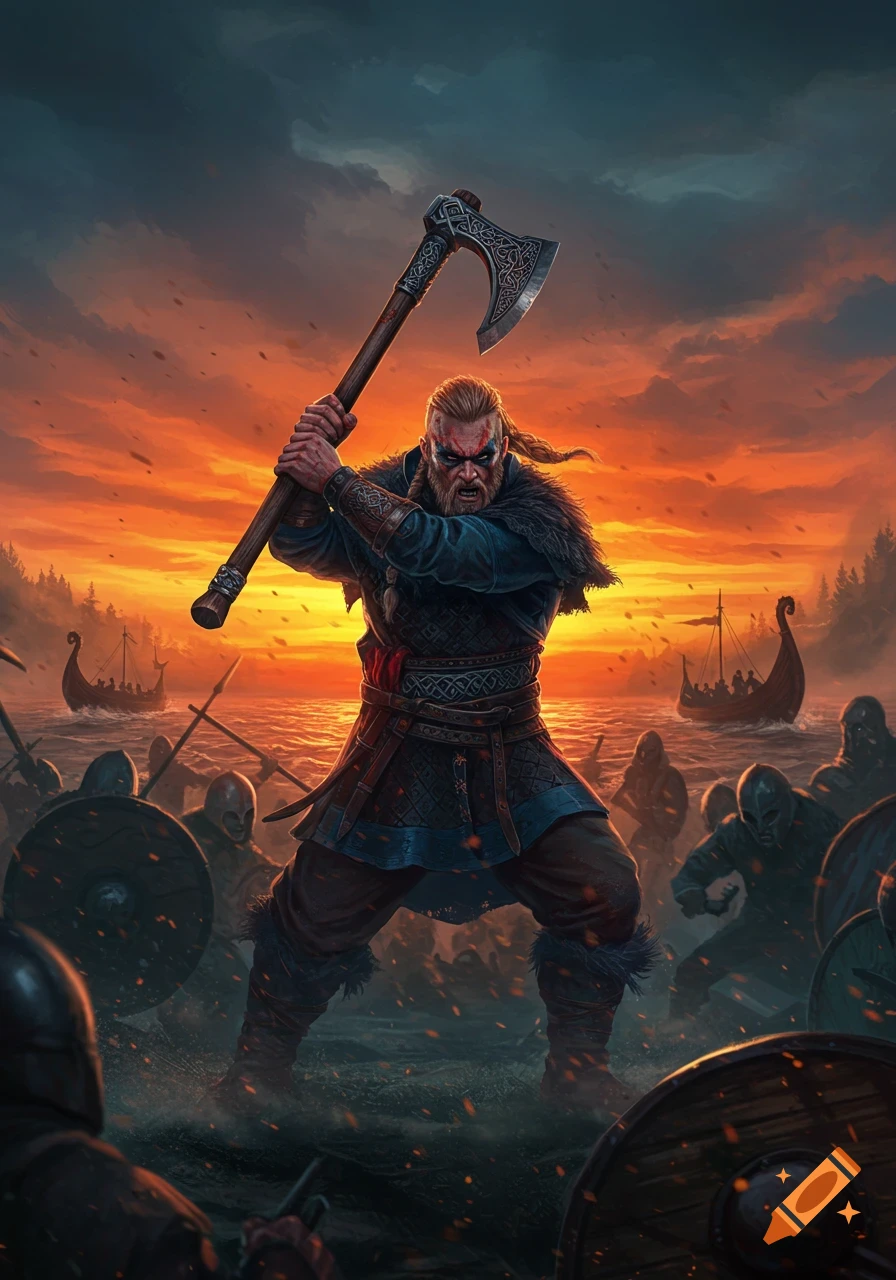A fierce Viking warrior with a large axe raises it, roaring in battle at sunset with longships and other warriors.