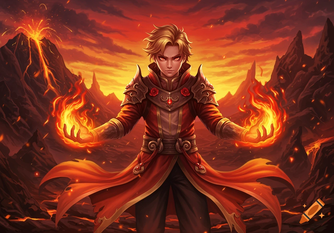 Anime style fire mage with blonde hair and red eyes, casting fire spells in a volcanic landscape.