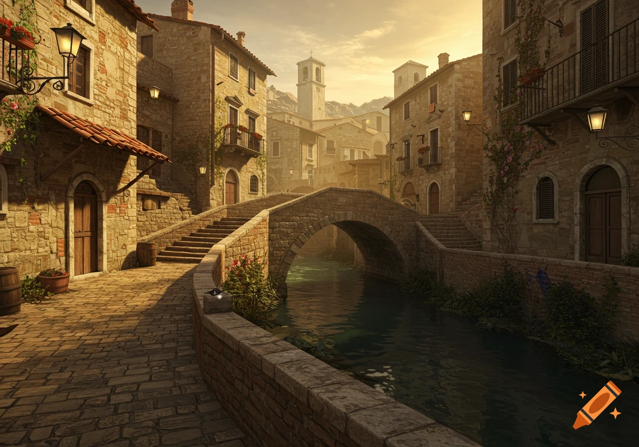 A quaint stone village scene with a bridge over a canal, surrounded by old buildings under a warm sunset sky.