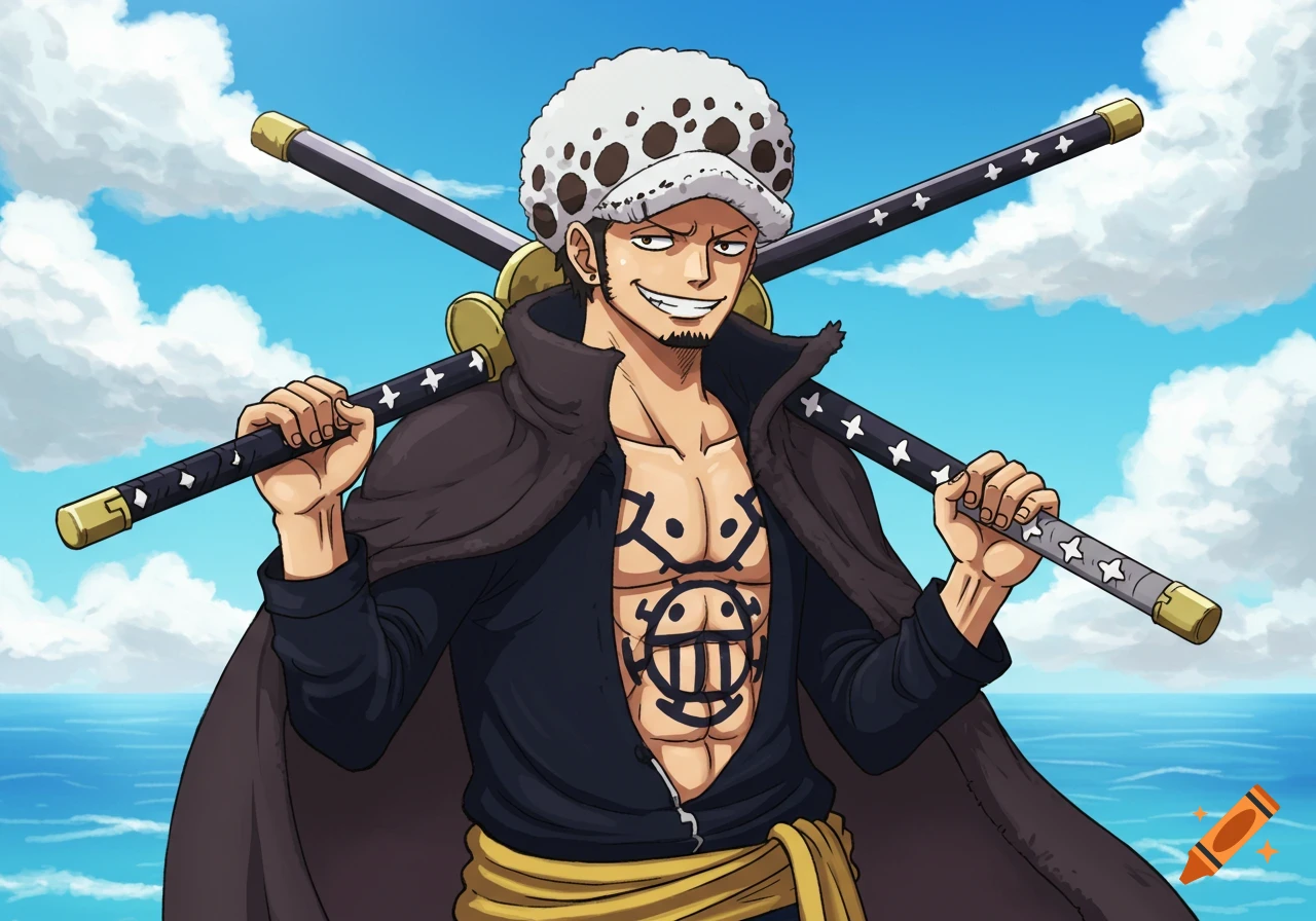 Cartoon anime man Trafalgar Law with spotted hat, open shirt, chest tattoos, holding two swords over shoulders, smiling against sky and ocean.