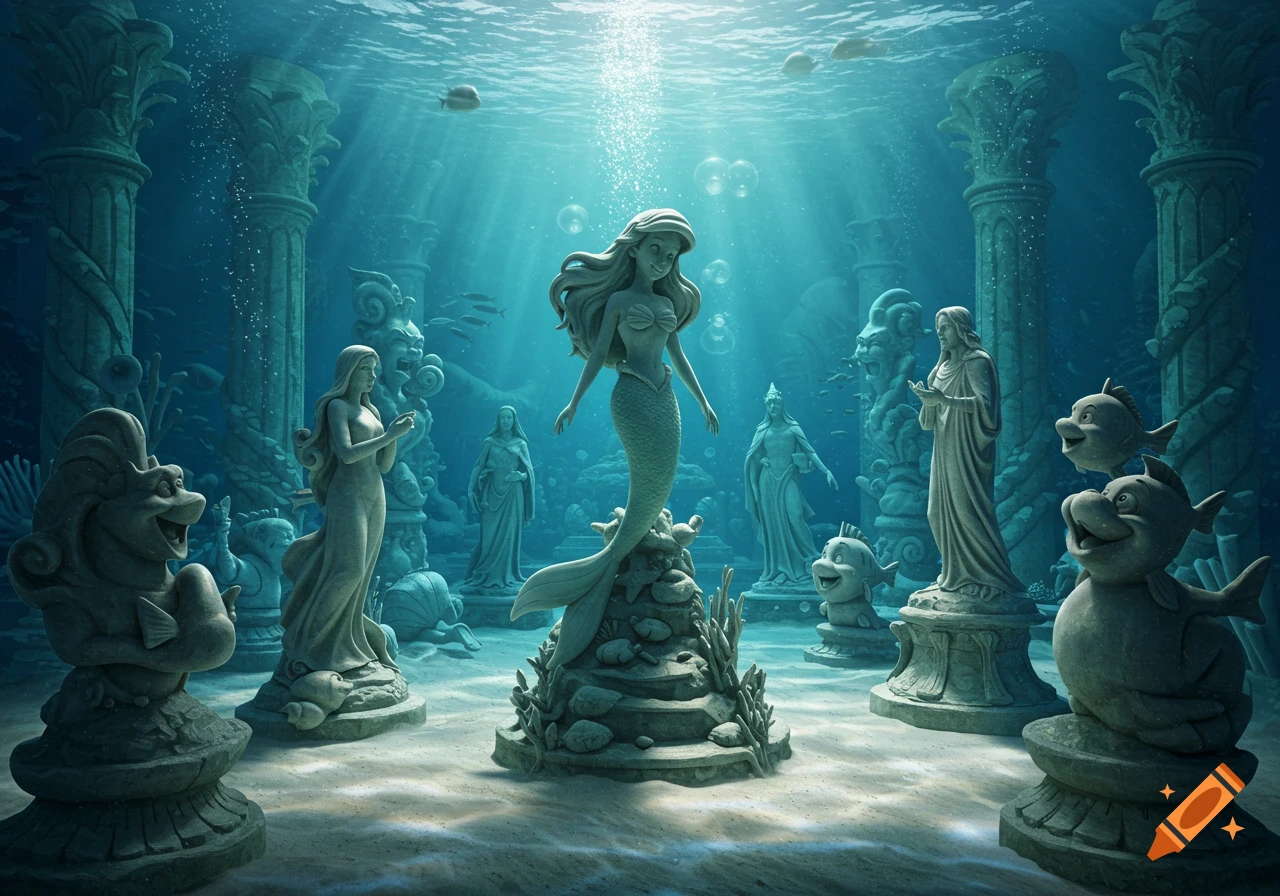 An underwater scene with an Ariel statue at the center, surrounded by other character statues and ancient columns, bathed in light.