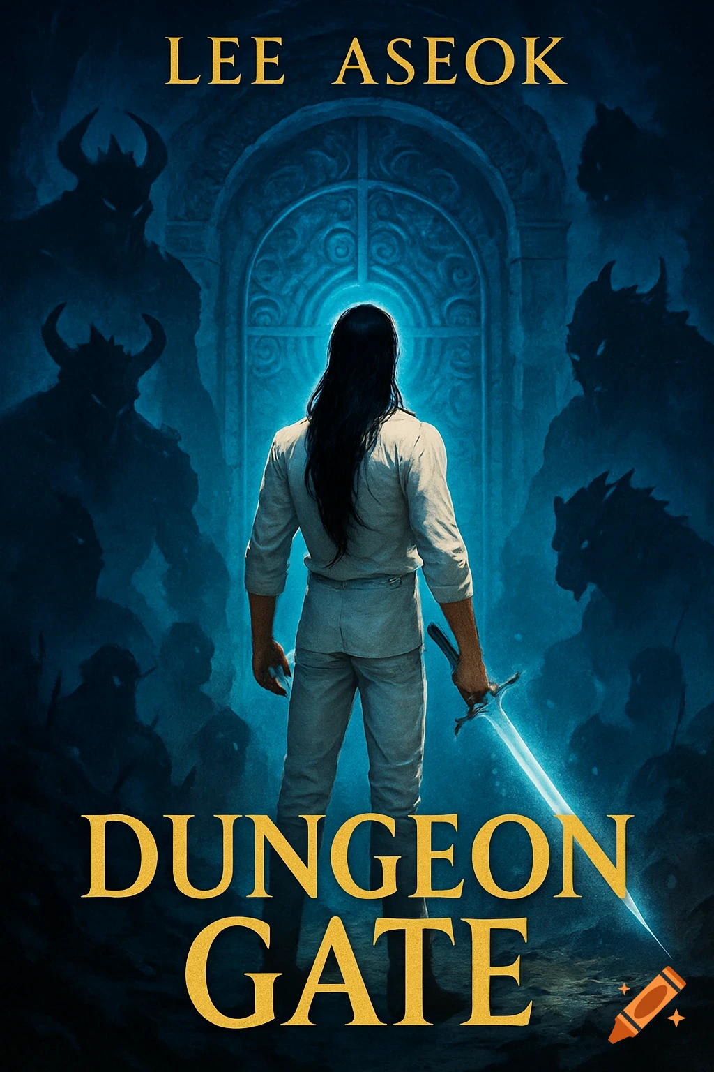 Fantasy book cover showing a man with long black hair holding a glowing sword, facing a large, ornate dungeon gate surrounded by shadowy monsters.