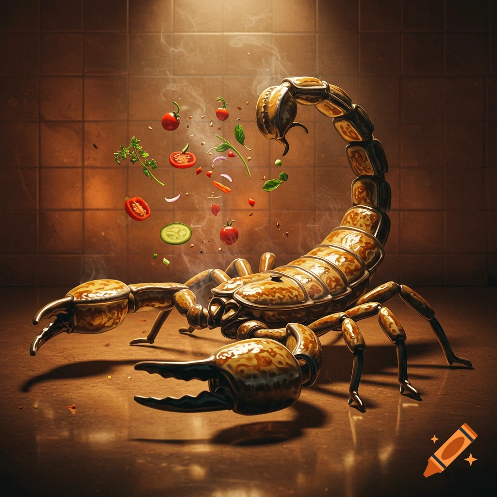 A photorealistic image of a scorpion made from a baked casserole dish, with steam and scattered vegetables floating around it in a kitchen.