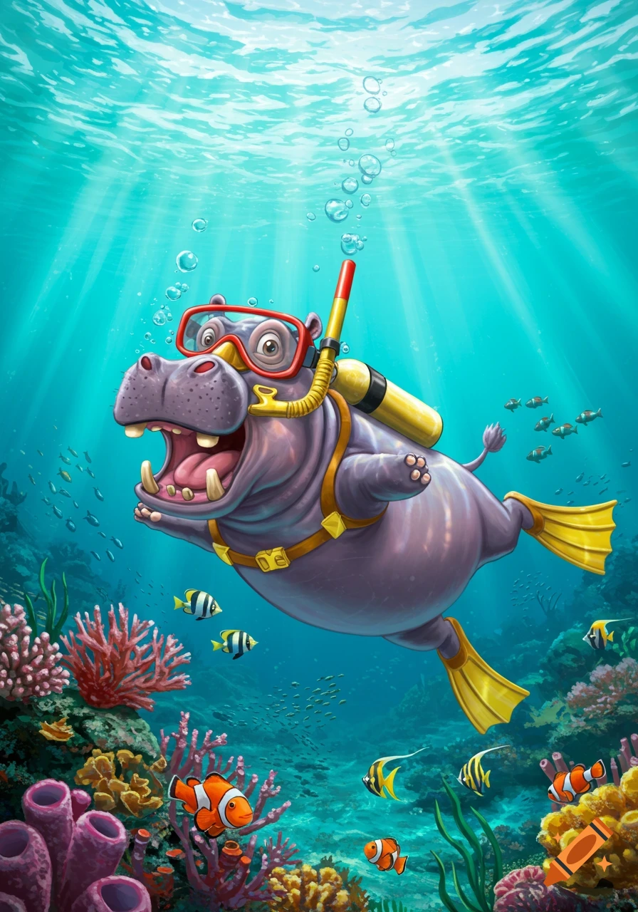 A happy cartoon hippopotamus wearing red scuba gear and yellow flippers swims underwater among colorful coral and fish, with sunlight streaming from above.