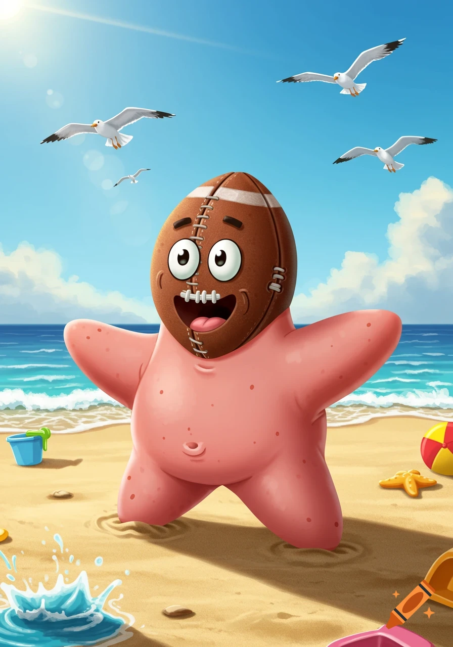 Cartoon Patrick Star with a football head stands on a sunny beach with seagulls flying overhead and beach toys scattered.