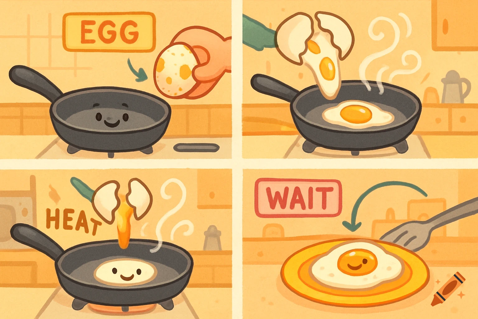A four-panel cartoon illustration showing how to fry an egg, with a happy frying pan and egg. Steps include 'EGG', 'HEAT', and 'WAIT'.