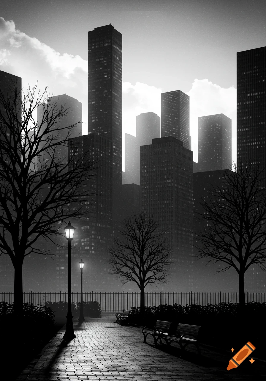 A moody black and white image of a park path with streetlights and bare trees, leading towards a dark city skyline at dusk.