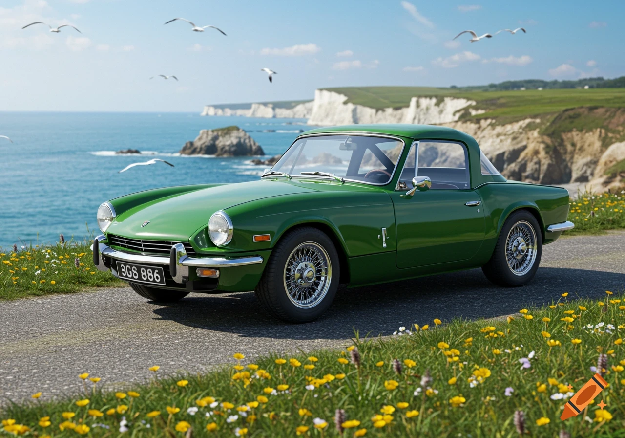 A green 1966 Triumph Spitfire parked on a road overlooking a blue ocean with white cliffs, green grassy hills, and seagulls flying.