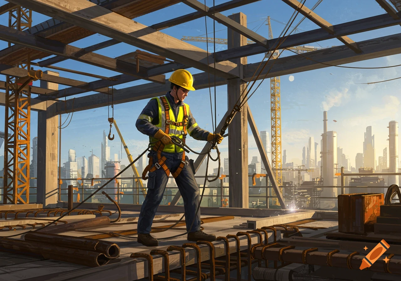 A construction worker in a safety harness and yellow hard hat stands on a building under construction, holding cables with a city skyline in the background.
