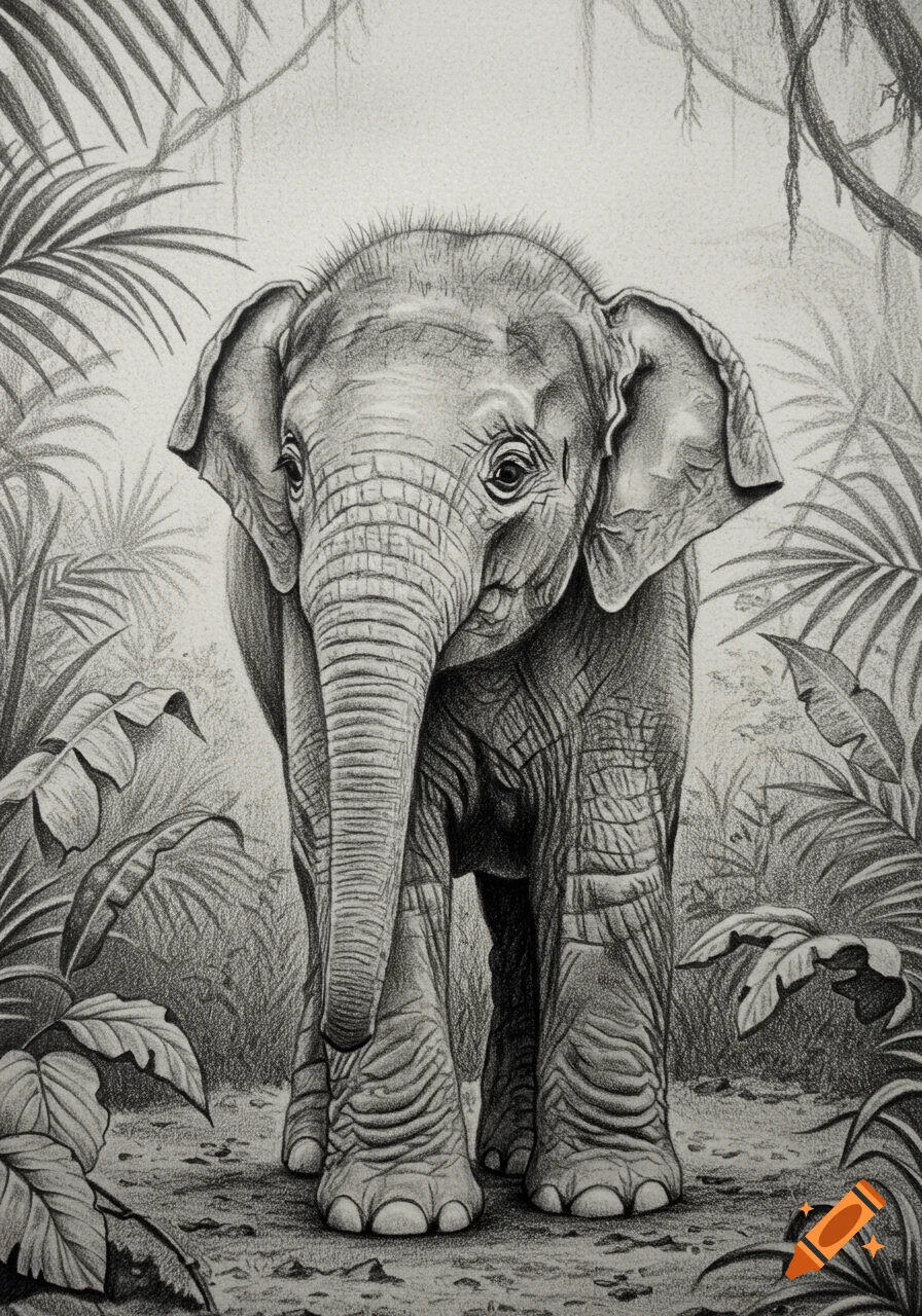A sad baby elephant stands in a jungle, rendered in a detailed pencil drawing.