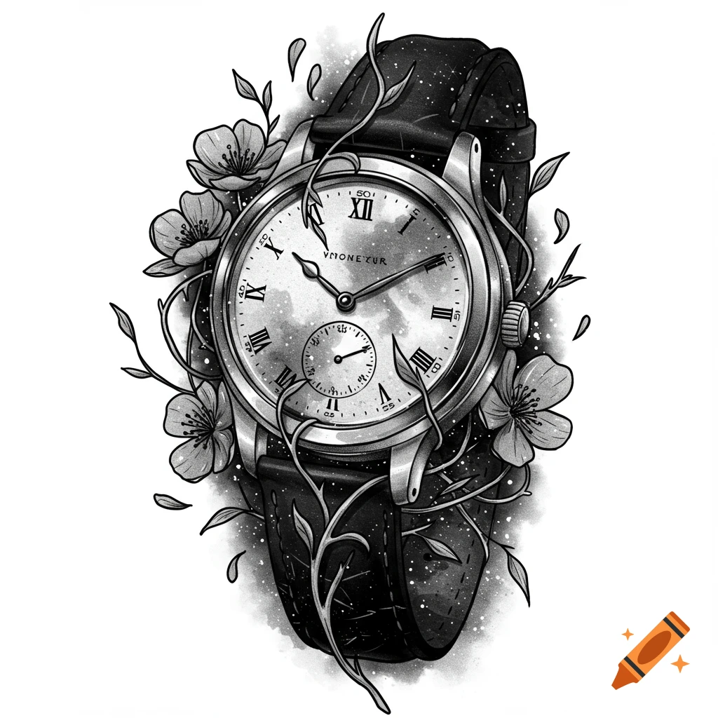 Black and white illustration of a detailed vintage-style watch with a leather strap, entwined with delicate vines and flowers.