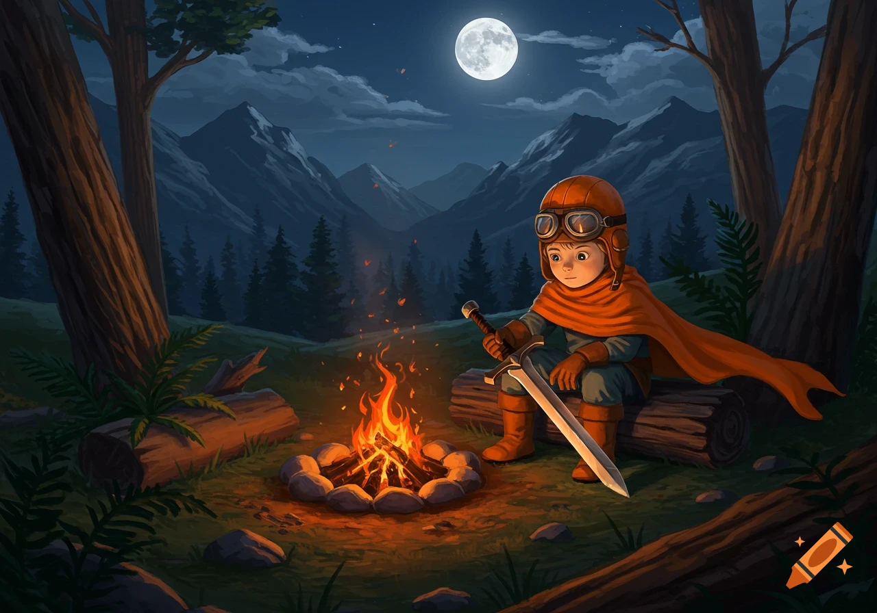 A young boy in an orange helmet and cape holds a sword while sitting by a campfire in a moonlit forest.