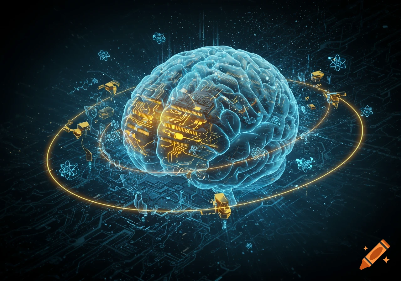 A translucent blue brain with glowing yellow circuitry and particles floats in a dark digital space.