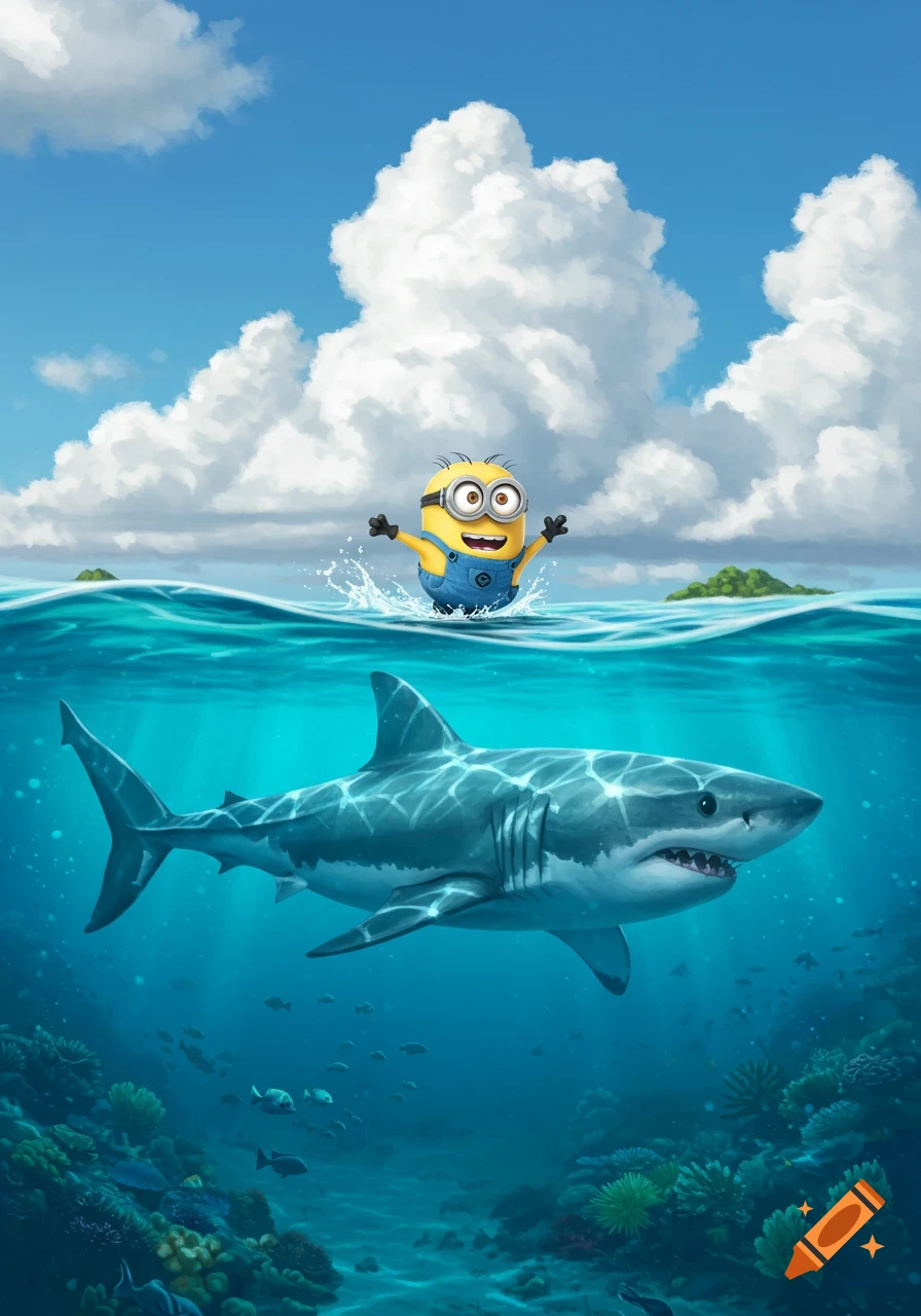 A cartoon Minion splashes in the ocean while a great white shark swims below in a split-level illustration.