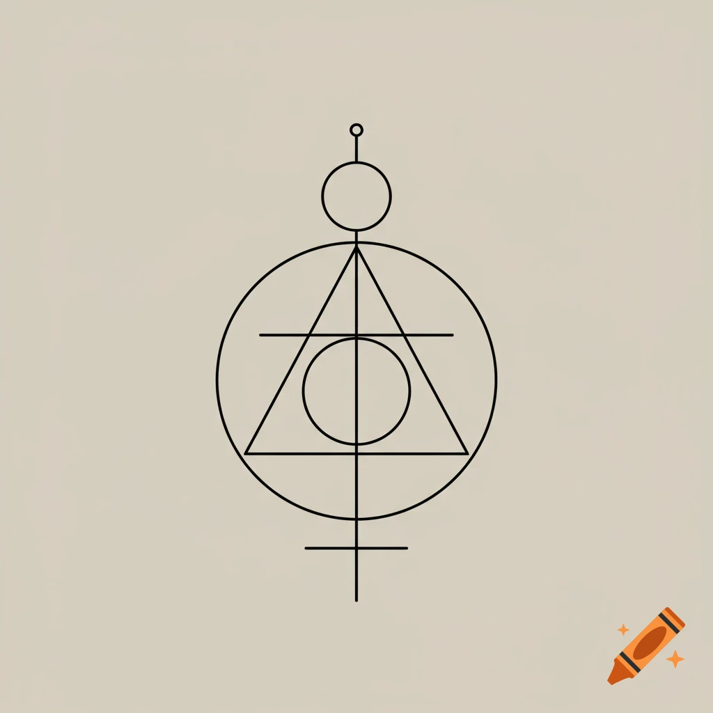 Minimalist black line drawing of a complex geometric symbol on a beige background.