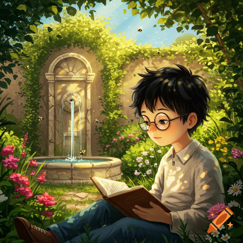 An illustration of a young boy with black hair and round glasses sitting on the grass reading a book in a lush garden with a stone fountain and bees flying around.