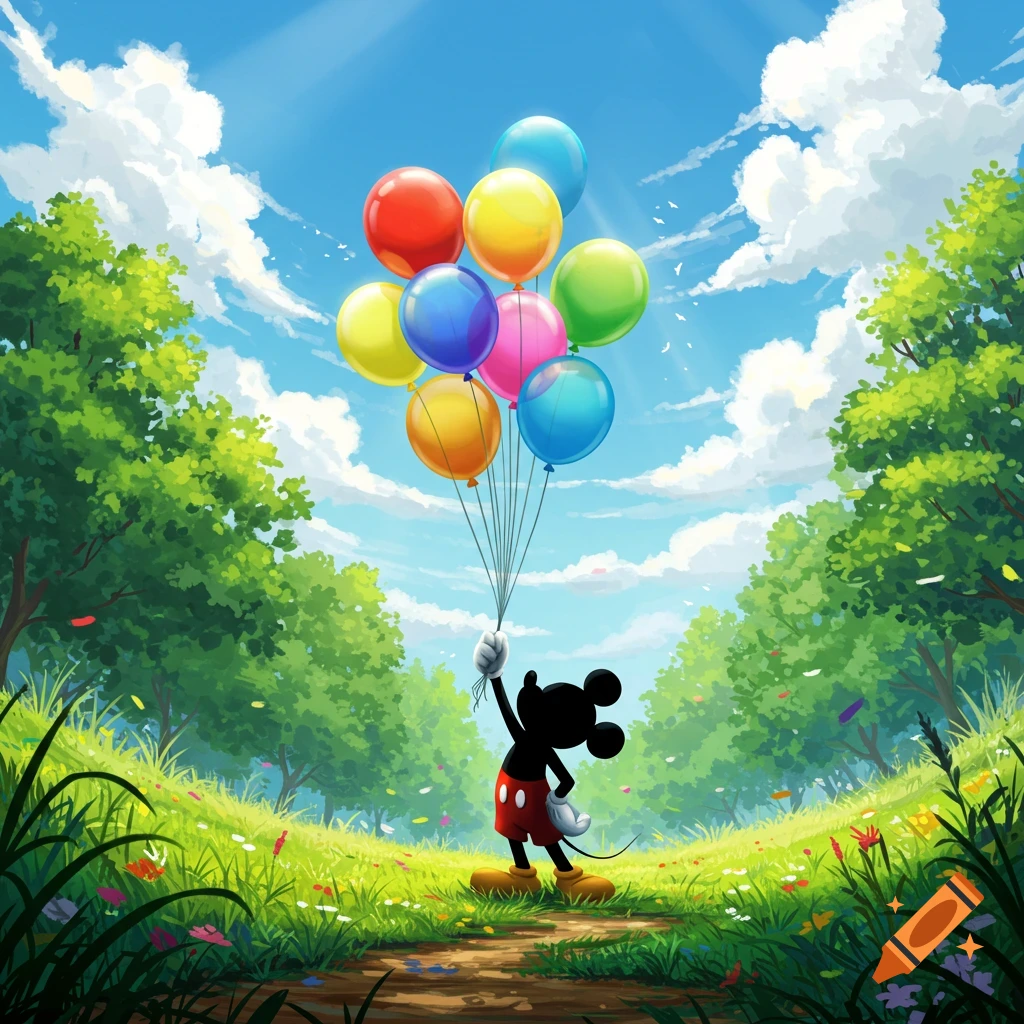 Mickey Mouse holding a large bunch of colorful balloons, standing on a dirt path in a vibrant green field with trees under a blue sky.
