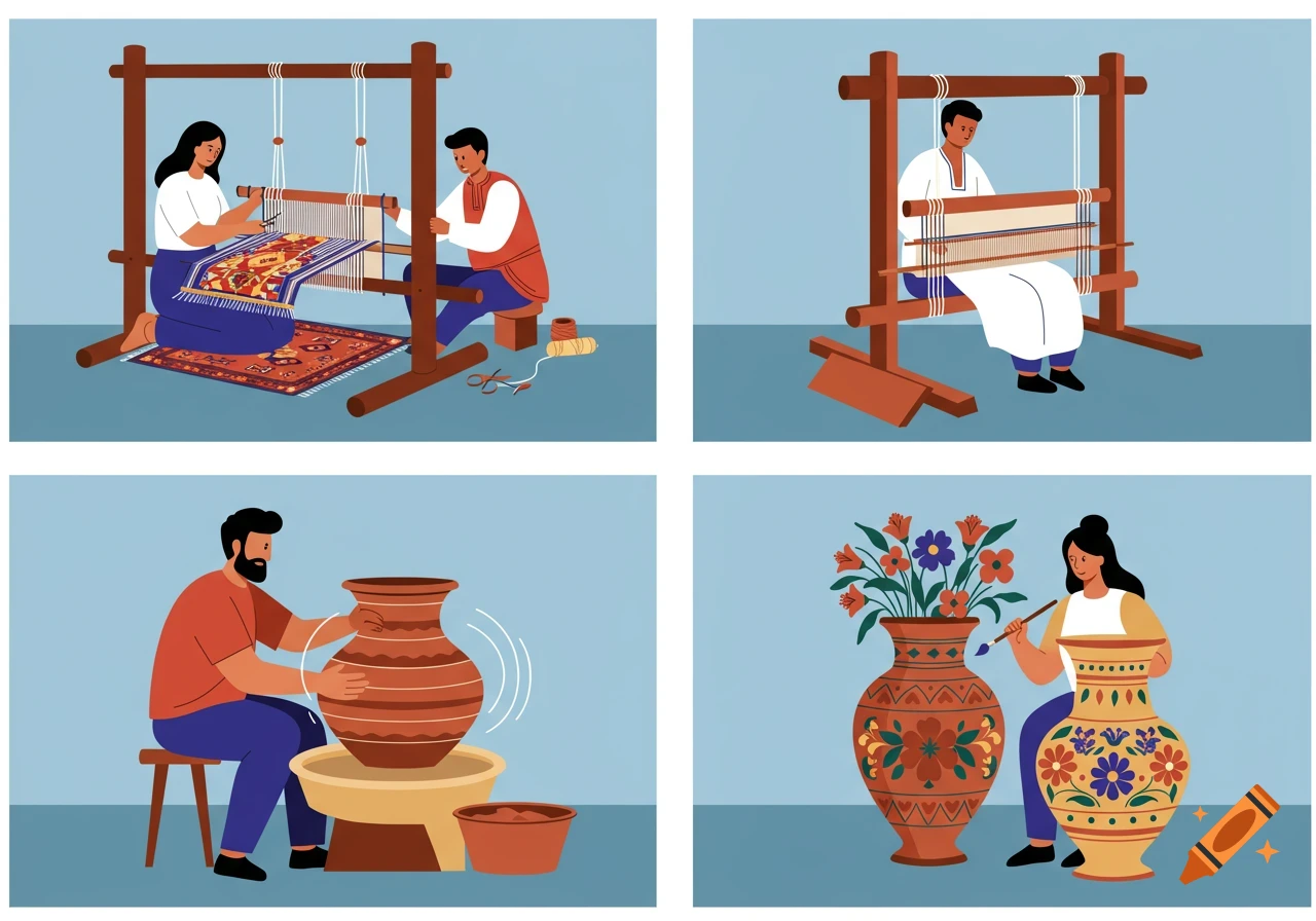 Four minimalist illustrations showing artisans engaged in traditional crafts: a man and woman weaving on looms, a man shaping pottery, and a woman painting a ceramic vase.
