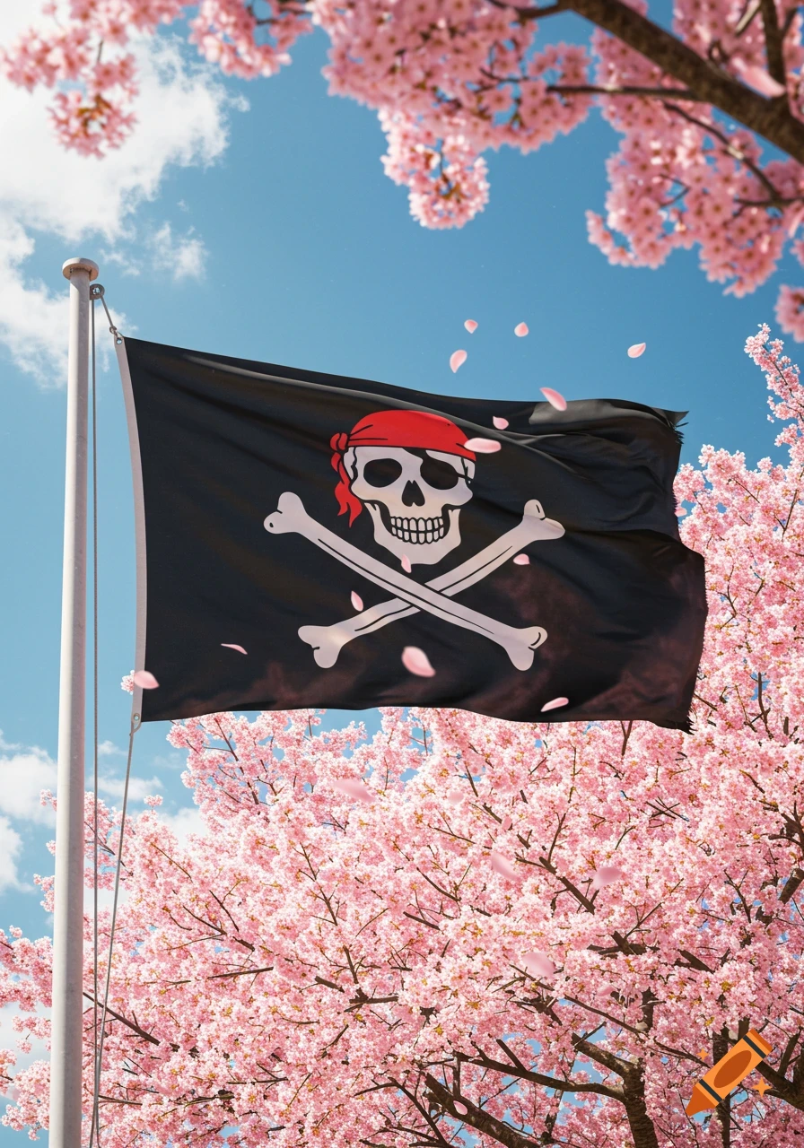 A black Jolly Roger flag with a white skull and crossbones wearing a red bandana, waving against a blue sky, surrounded by pink cherry blossoms.