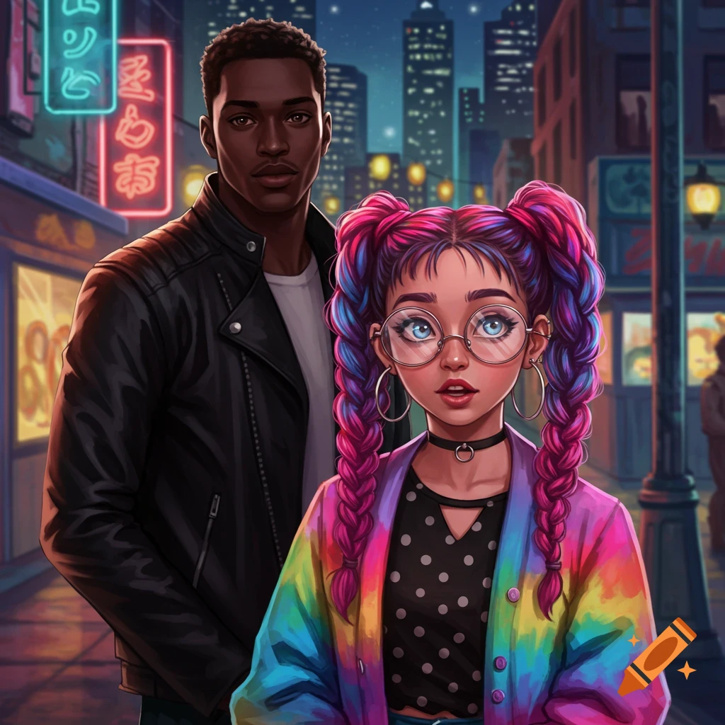 Digital art of a young Black man in a black leather jacket standing behind a quirky girl with rainbow-colored pigtails, glasses, and a rainbow jacket, on a city street at night.