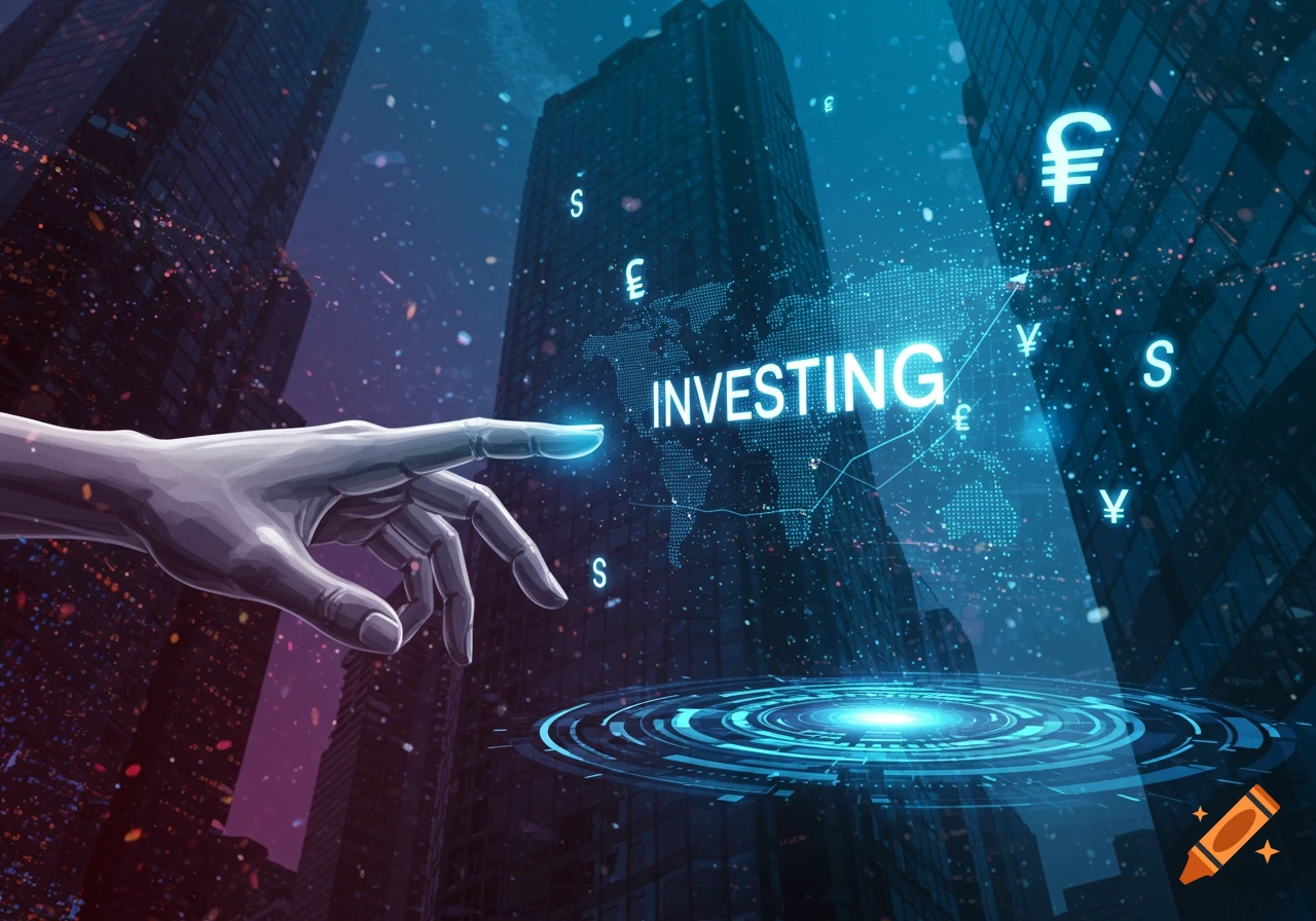 A futuristic robotic hand points at a holographic world map with 'INVESTING' text and currency symbols floating over a cityscape.