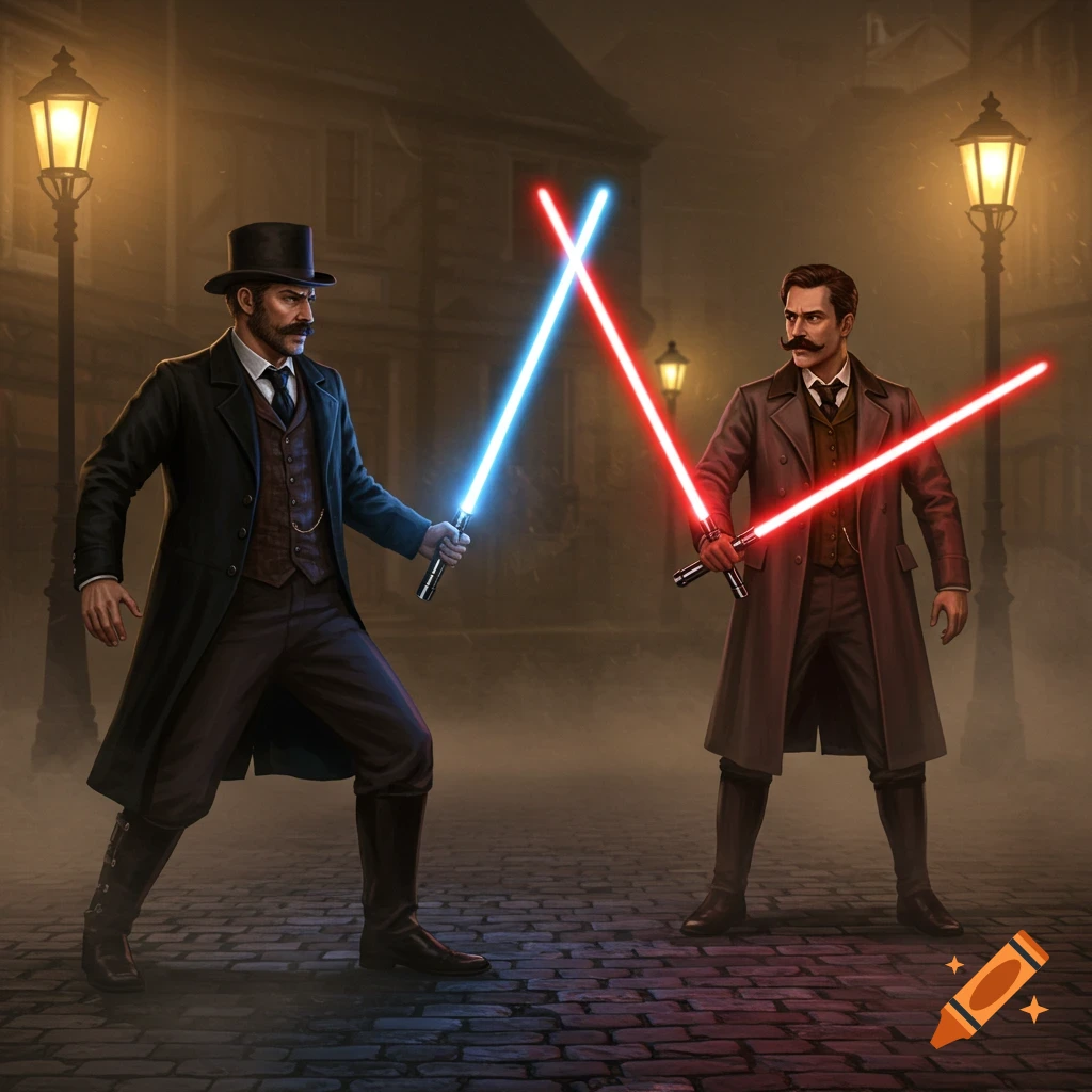 Two old-fashioned gentlemen duel with glowing lightsabers on a dark cobblestone street under lamplight, digital painting style.